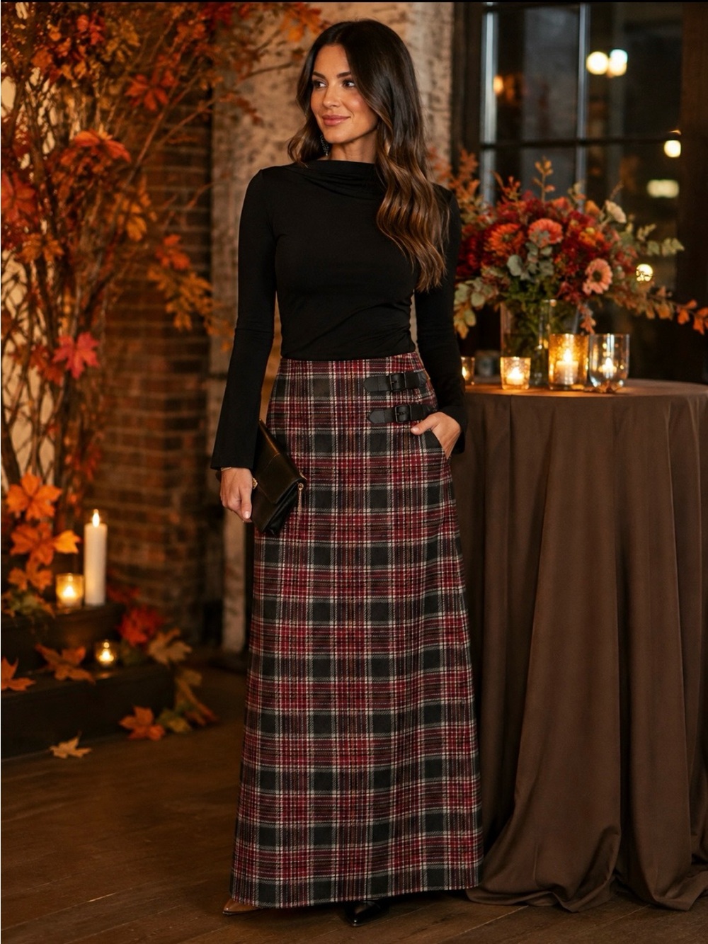 Jessica London Burgundy and Black Plaid Maxi Skirt